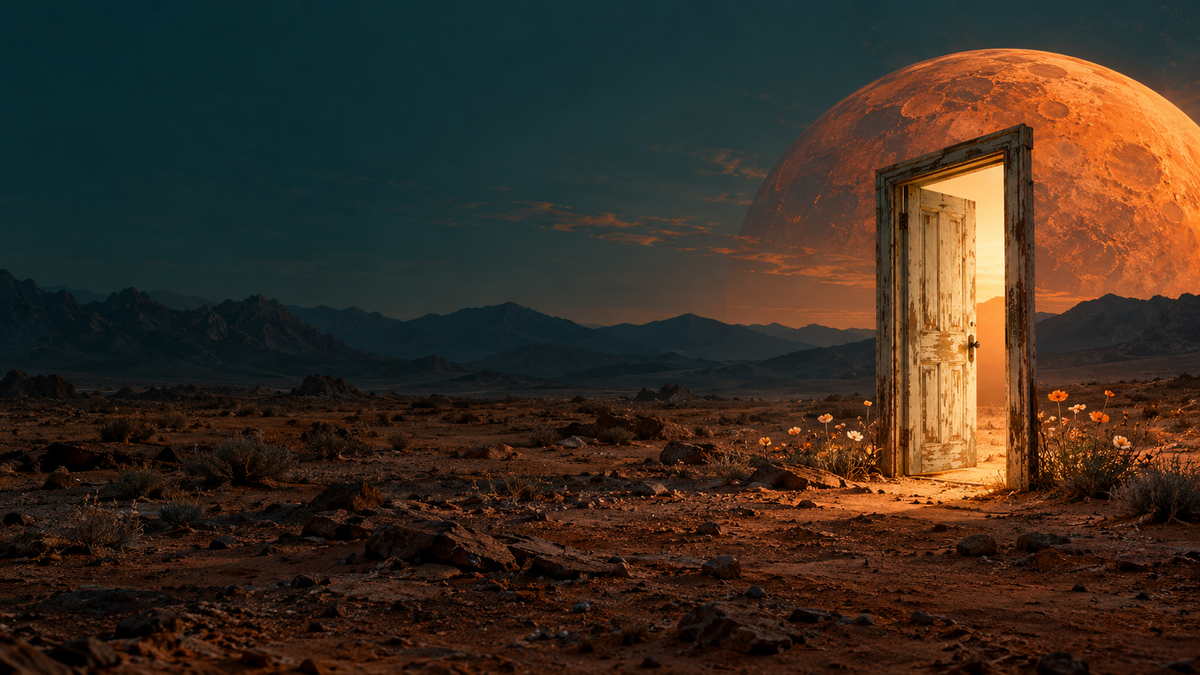 An open doorway in a surreal orange desert beneath a distant planet