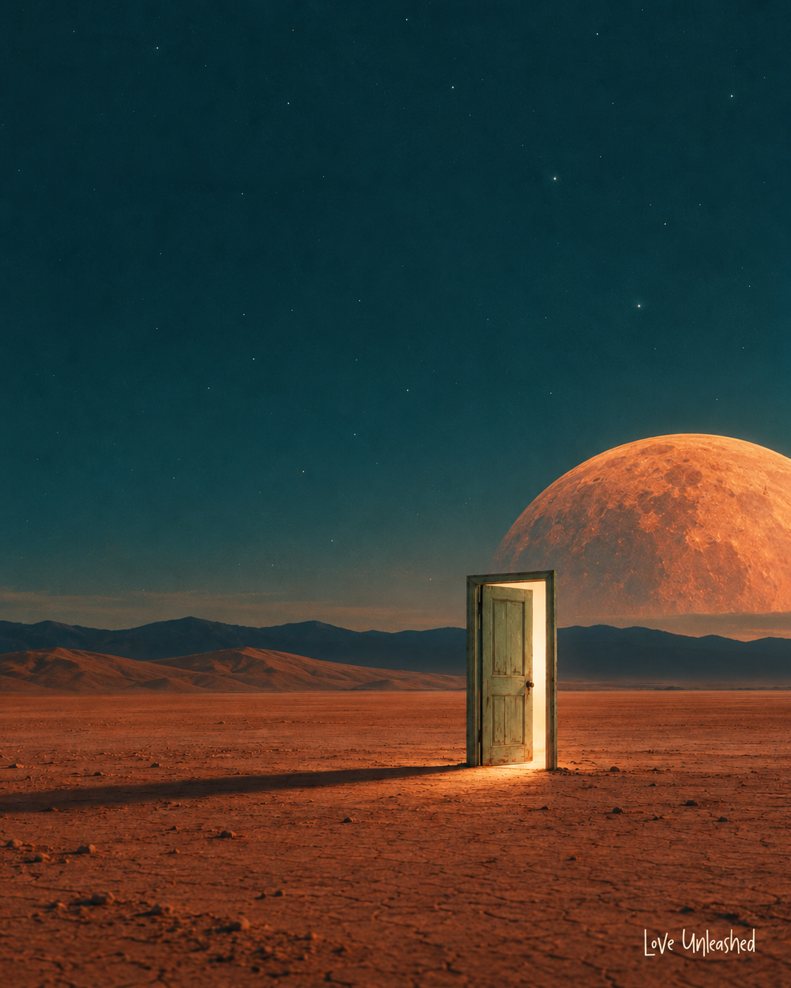 Surreal open doorway in an orange desert under a huge planet, with a small Love Unleashed handwritten signature.