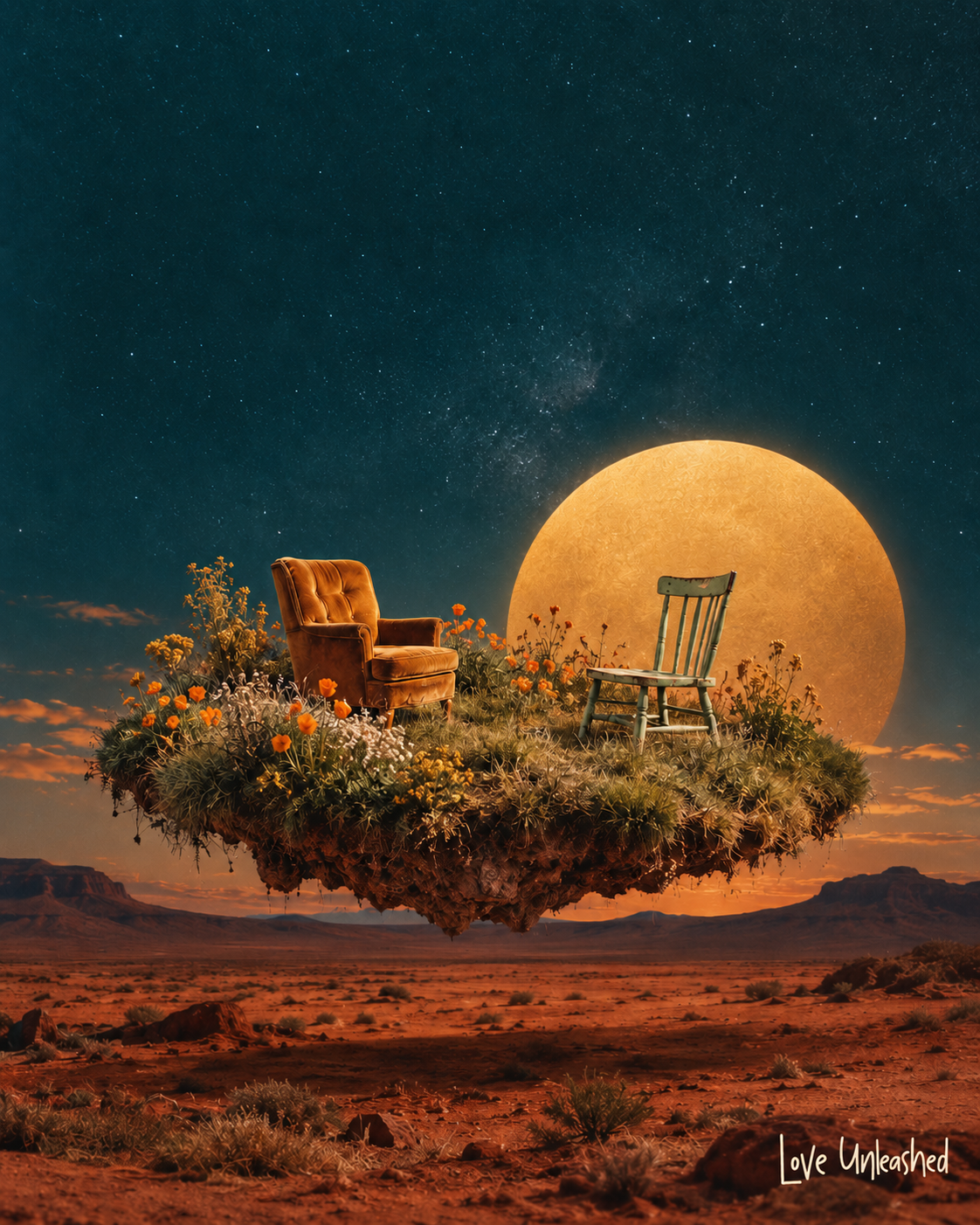 Two empty chairs on a floating flower-covered island beneath a golden moon, with a small Love Unleashed handwritten signature.