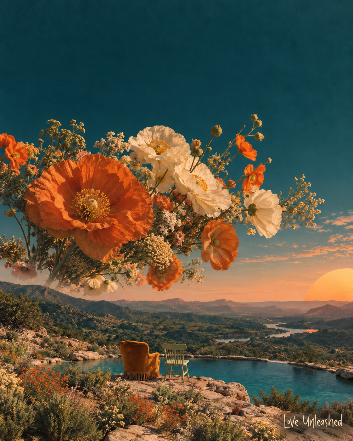 Giant orange and white flowers suspended above two chairs overlooking a pool and green landscape, with a small Love Unleashed handwritten signature.