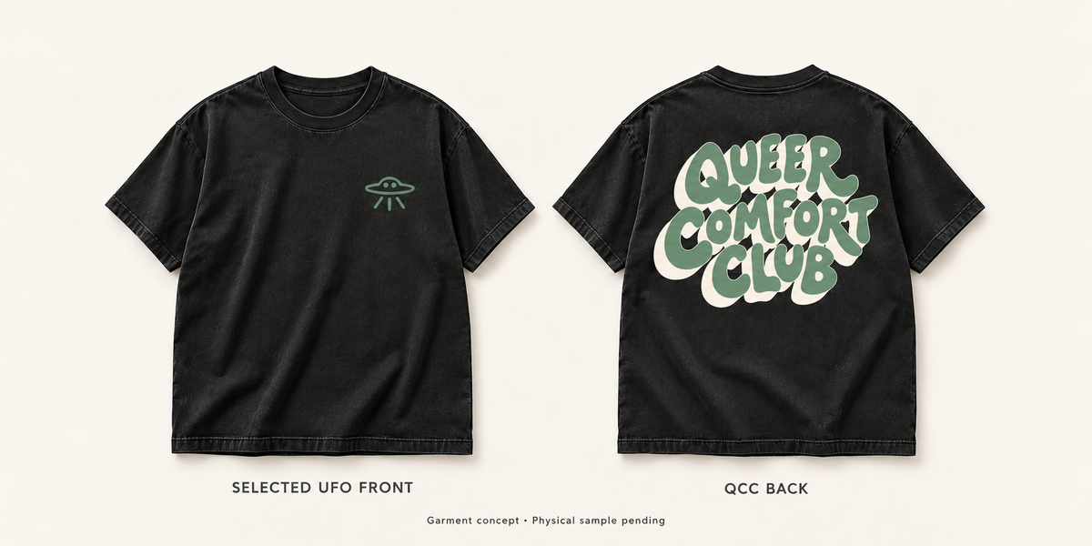 Black tee concept with the original UFO on the front and green-and-cream Queer Comfort Club artwork on the back